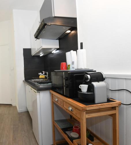 une cuisine avec une cuisinière et un comptoir dans l'établissement La terrasse de Dupuy,appartement climatisé, à Toulouse