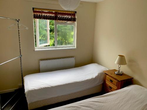 two beds in a small room with a window at Eastbourne Twin room in Polegate