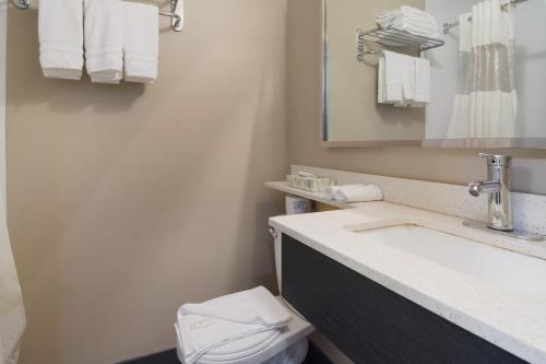 a bathroom with a sink and a toilet and a mirror at Canadas Best Value Inn & Suites Kamloops in Kamloops
