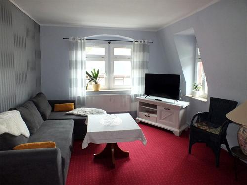 a living room with a couch and a tv at Pension Grenzeck in Bad Schandau