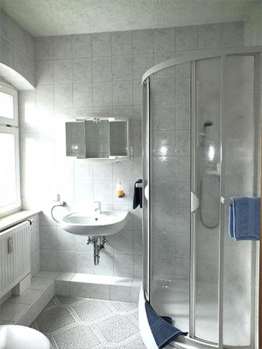 a bathroom with a shower and a sink at Pension Grenzeck in Bad Schandau