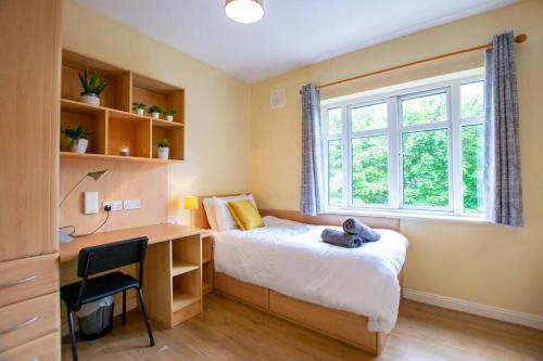 a bedroom with a bed and a desk and a window at 31 - Stunning Duplex By Shortstays in Galway