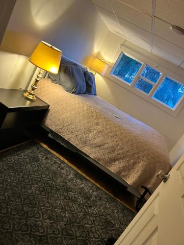 1 dormitorio con 1 cama con lámpara y 2 ventanas en Xing Pad, en Pittsburgh