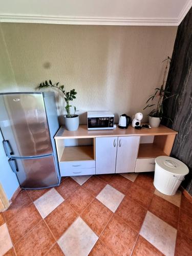 a kitchen with a refrigerator and a counter with plants at JS apartamentai su savarankišku įsiregistravimu in Klaipėda