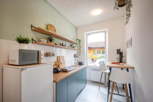 a kitchen with blue cabinets and a table with a microwave at Wohlfühlwohnung mit 25 qm Terrasse, Netflix in Koblenz