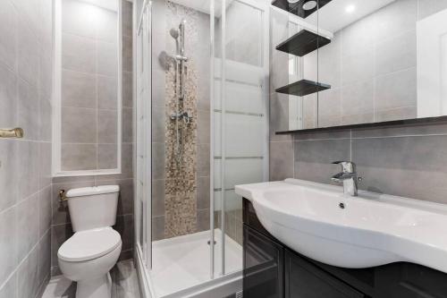 ein Bad mit einem WC, einem Waschbecken und einer Dusche in der Unterkunft The Parisian Stay - Duke Housing in Vitry-sur-Seine