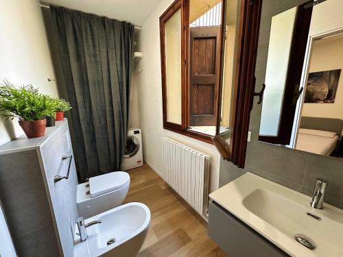 a bathroom with a sink and a toilet and a mirror at In Mezzo All'Aria Apartment in Mezzolara