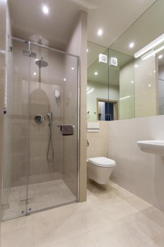 a bathroom with a shower and a toilet and a sink at Hotel Ren & Restauracja Browar Kociewski in Starogard Gdański