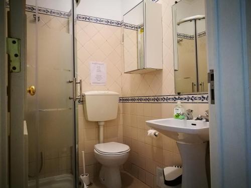 La salle de bains est pourvue de toilettes, d'un lavabo et d'une douche. dans l'établissement Discovery Apartment Benfica, à Lisbonne