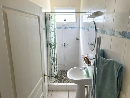 a white bathroom with a shower and a sink at Rubis Appartement - Magnifique F3 in Sainte-Anne