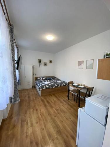 una camera con letto e tavolo di Cozy 1 BR studio in the center of Pilsen a Plzeň