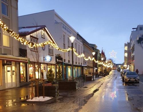 a city street with christmas lights in a town at Saga Apartments Akureyri in Akureyri