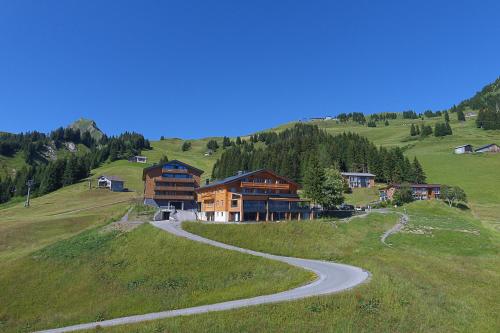 a house on a hill with a winding road at Hotel Walisgaden superior in Damuls