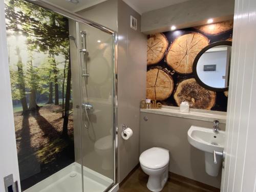 La salle de bains est pourvue d'une douche, de toilettes et d'un lavabo. dans l'établissement Hare Lodge with Hot Tub, à Cupar