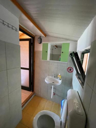a small bathroom with a sink and a toilet at Vila Livio - Guest house Rreshen Mirdite in Rrëshen