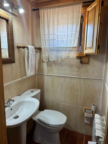 a small bathroom with a toilet and a sink at Chalé Inn Star in Penhas da Saúde