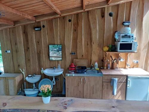 eine Küche mit einer Spüle und einer Mikrowelle in einer Hütte in der Unterkunft Jurta az erdő mellett dézsával-KERESZ-TANYA in Pilisszentkereszt