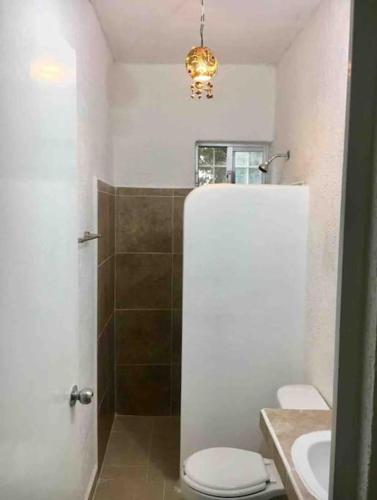 a bathroom with a toilet and a sink and a shower at Casita Colibrí - An eco chic house in Mahahual