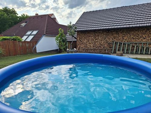 een blauwe plas water in een tuin met een huis bij Na Sedmnáctce - s vířivkou in Dolní Bojanovice