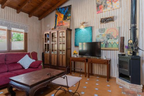 sala de estar con sofá y TV en Zafiro lagunazo Riopar 5 Dormitorios 3 Baños Parque Natural del Rio Mundo, en Riópar