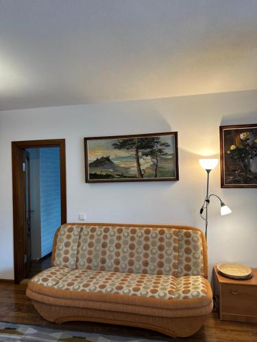 una sala de estar con sofá y una pintura en la pared en Biliūno g. 5 apartamentas 1-am aukšte su didele terasa, en Palanga