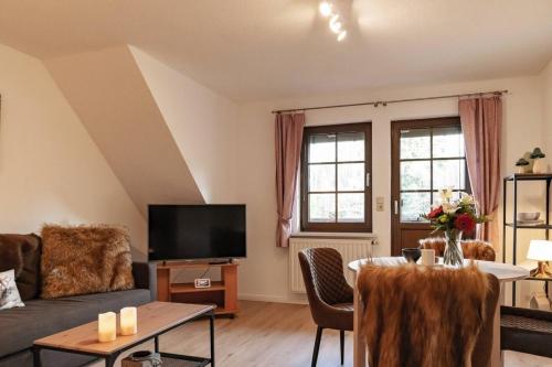 sala de estar con sofá y TV en Das Waldseechalet Märchenhafter Waldseeblick - moderne Wohnung mit Infrarotsauna, en Hasselfelde