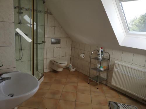 ein Bad mit einer Dusche, einem WC und einem Waschbecken in der Unterkunft Dom Baltyk in Gąski