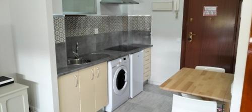 a kitchen with a sink and a washing machine at Estudio Fibes-Lux Sevilla in Seville