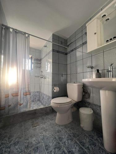 a bathroom with a toilet and a shower and a sink at Torre di Maina in Kharoúdha