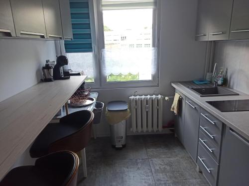 a kitchen with a counter and a sink and a window at Mieszkanie Antoni in Głuchołazy