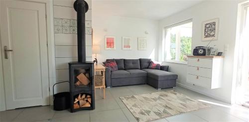 a living room with a fireplace and a couch at Domek Na Ustroniu in Sasino