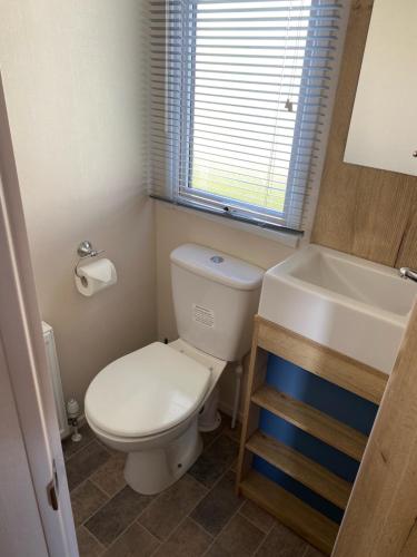a bathroom with a white toilet and a sink at Combe Haven in Hastings