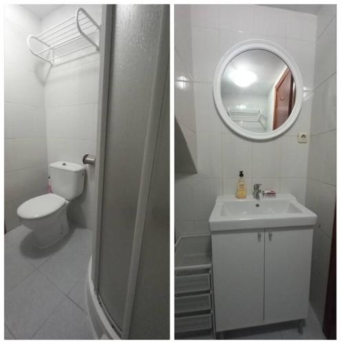 two pictures of a bathroom with a toilet and a sink at La casa del Puente in Candeleda