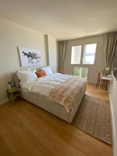 a bedroom with a large bed and two windows at spacious real two bedrooms at the daniel hotel in Herzelia 