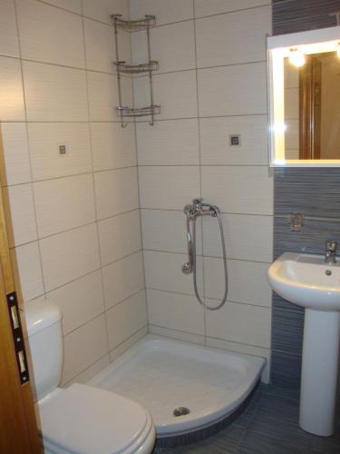 Un baño con ducha, inodoro y lavabo. en Dimitris - House Maria Manolaki - Ground Floor Studio, en Vourvourou