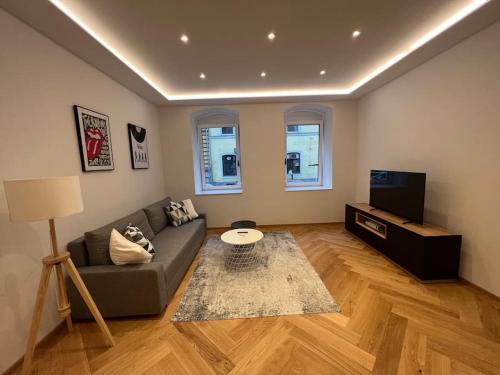 uma sala de estar com um sofá e uma televisão em Central Luxury Apartment em Linz