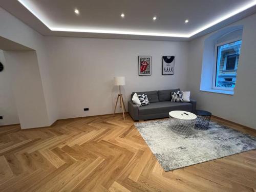 uma sala de estar com um sofá e uma mesa em Central Luxury Apartment em Linz