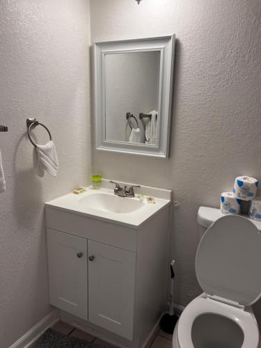 默特爾海灘的住宿－David's Landing，一间带水槽、卫生间和镜子的浴室
