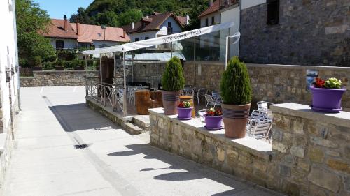 a group of potted plants sitting on a stone wall at Hostal Otsoa in Ezcároz