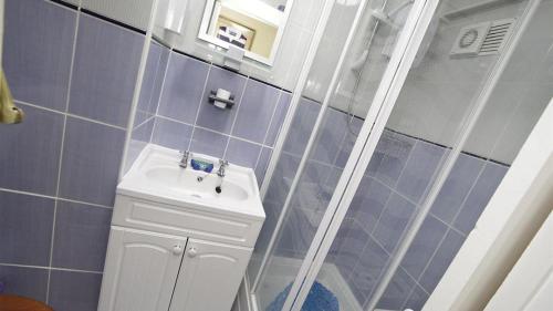 a blue tiled bathroom with a sink and a shower at Redcliffe Apartments G in Bishopston