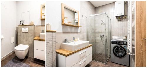 a bathroom with a sink and a washing machine at Karaliaus apartment in Kaunas