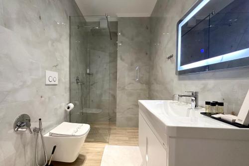 a bathroom with a shower and a toilet and a sink at Exquisite by Broci Apartments in Tirana