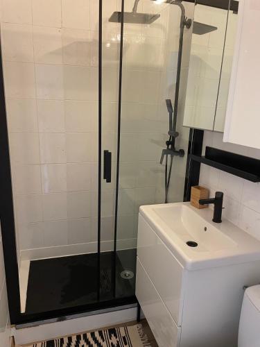 a bathroom with a shower and a sink at Appartement à Seignosse océan 2 chb et jardin in Seignosse