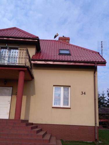 a bird sits on the roof of a house at Gospodarstwo Agroturystyczne Wólka 34 in Filipów