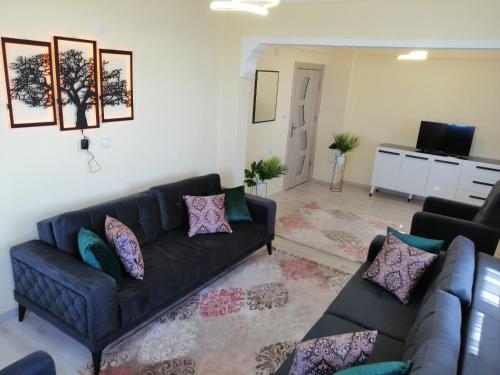 a living room with a black couch and a television at Mutlu apart ve bungalovs in Pazar