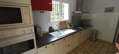 une cuisine avec un évier, une fenêtre et un four micro-ondes dans l'établissement Villa au cœur de la Provence, à Lorgues