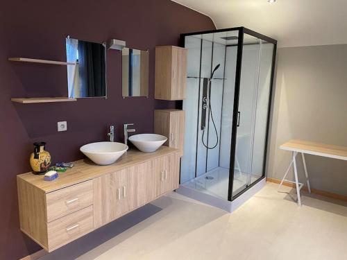 een badkamer met 2 wastafels en een glazen douche bij Wilgentuin in Bekkevoort