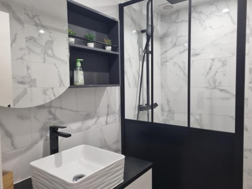 une salle de bain avec un lavabo blanc et un miroir dans l'établissement Le CASTILLON A 10, aux Issambres