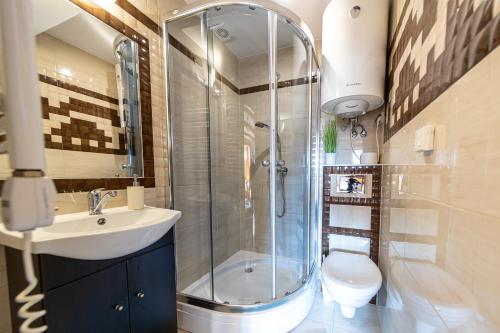 a bathroom with a shower and a sink and a toilet at Apartamenty Parzenica in Zakopane