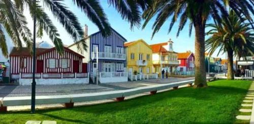 a row of houses with palm trees and a street at Currais o pequeno paraíso entre o mar e a serra in Aveiro